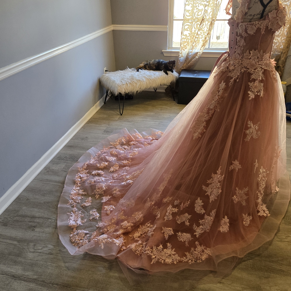 Elegant Pink Floral Lace Evening Gown Wedding Prom Dress - Picture 5 of 8